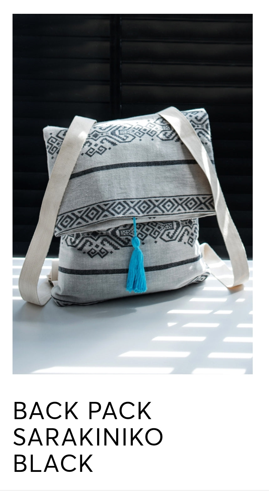 Black backpack with blue tassel